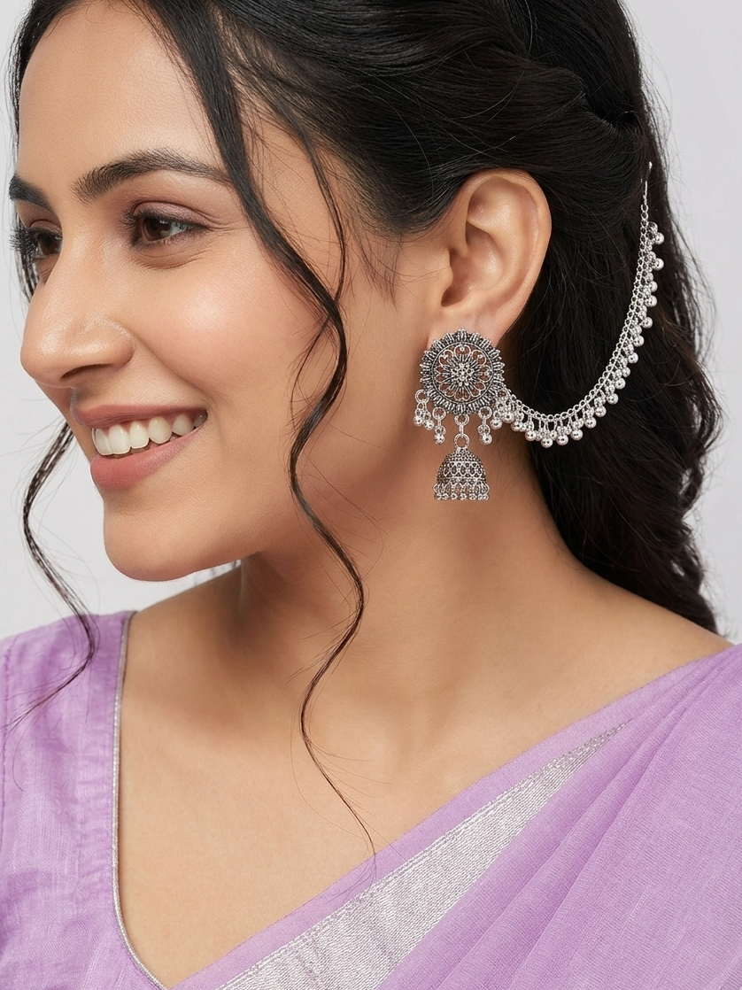 Oxidized Silver Temple Jhumka Earrings with Ruby Accents