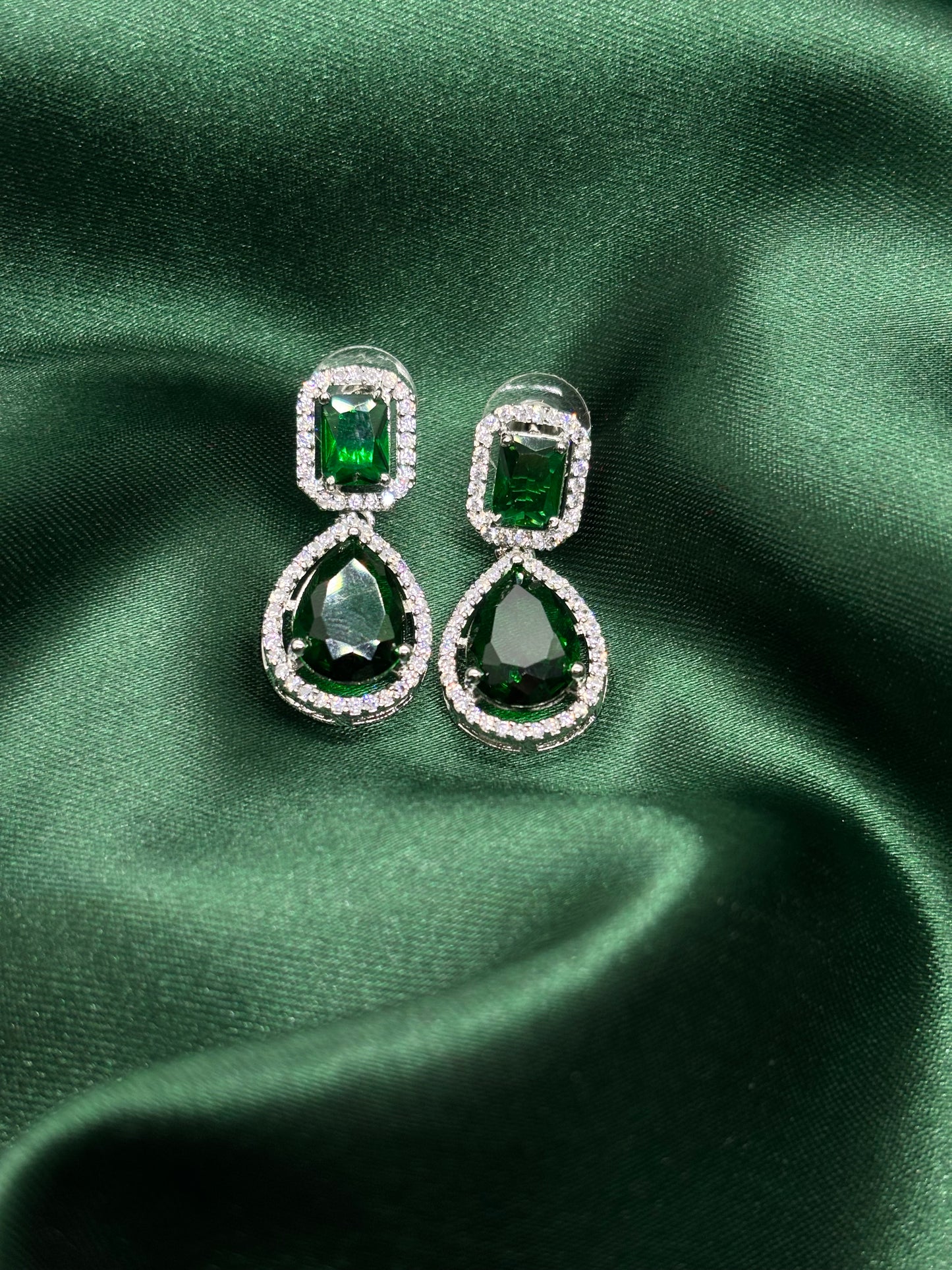 Emerald Dual Drop Halo Earrings