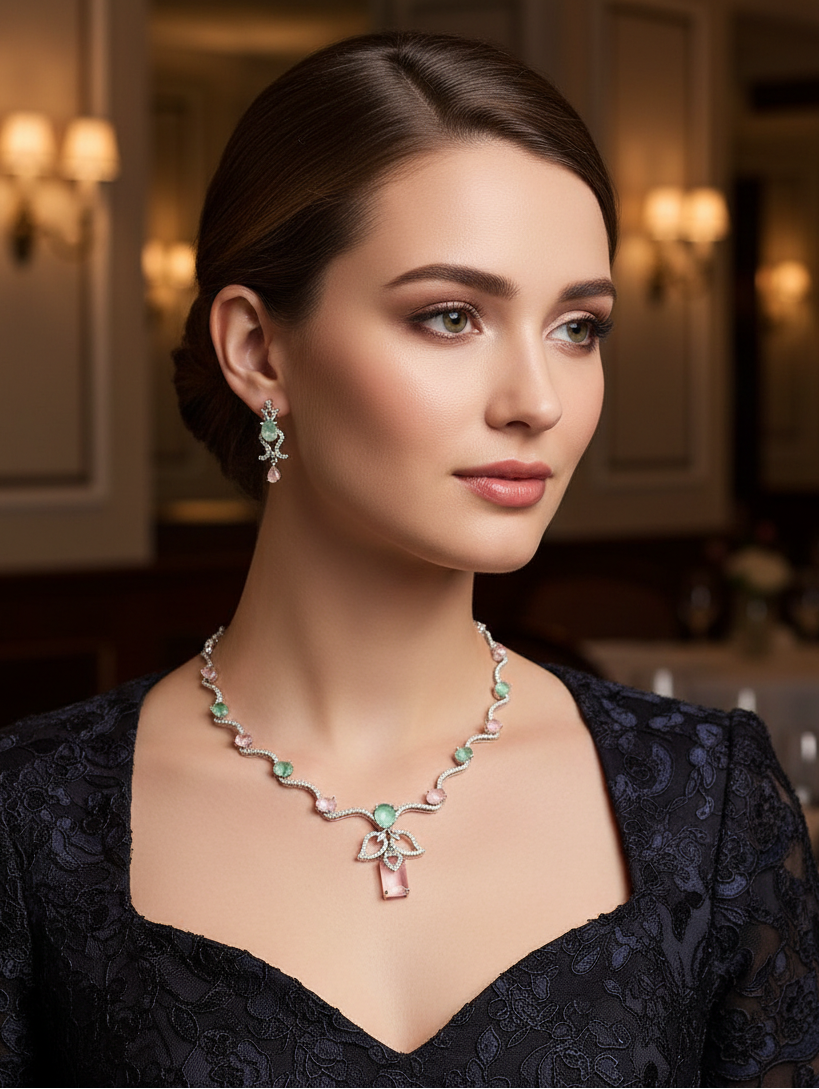 Woman wearing a necklace and earrings in an elegant indoor setting
