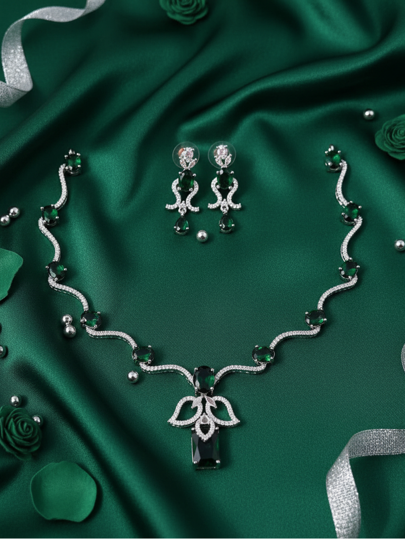 Emerald Cascade Wave Necklace & Earrings Set