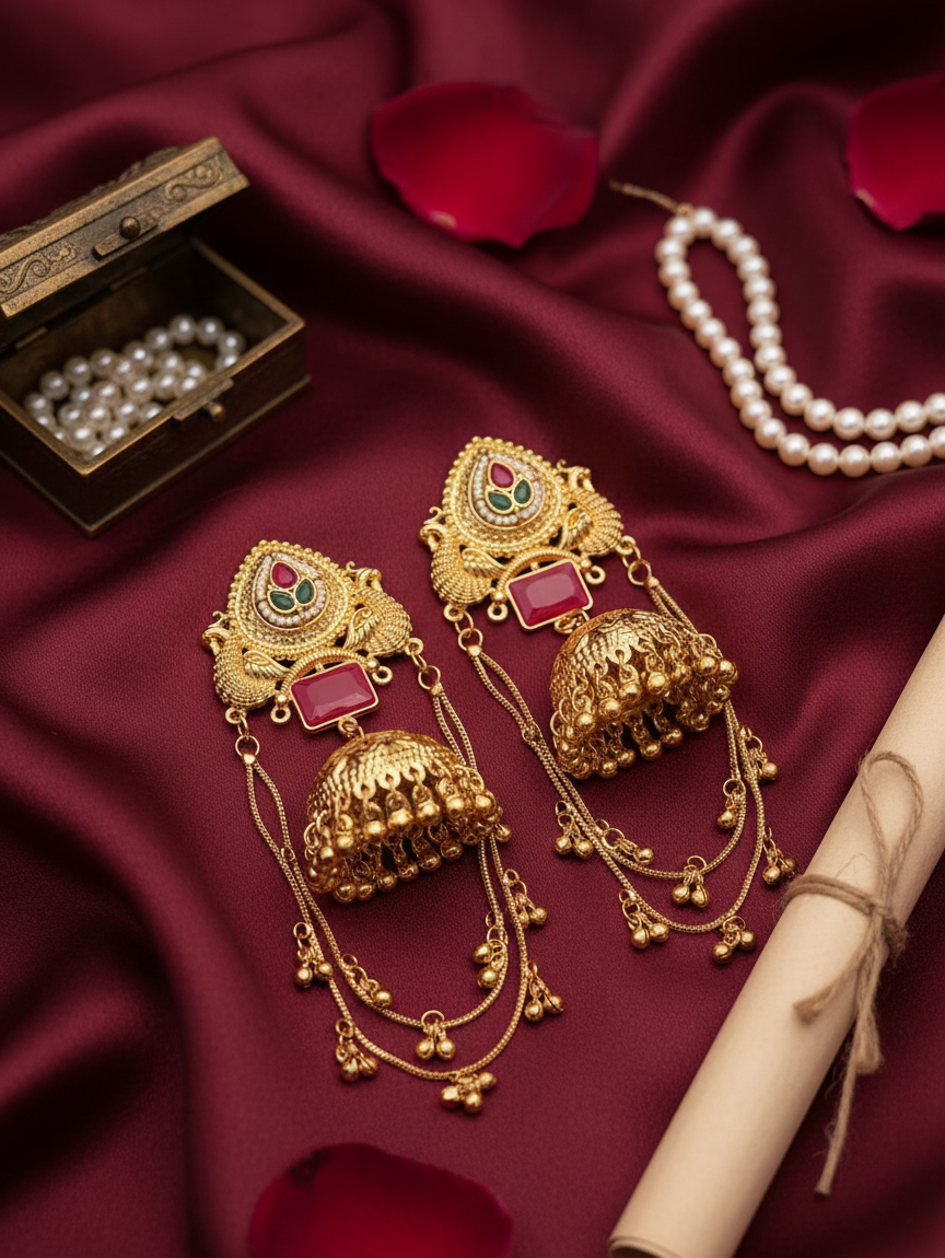 Peacock Jhumka with Ear Chain Earrings