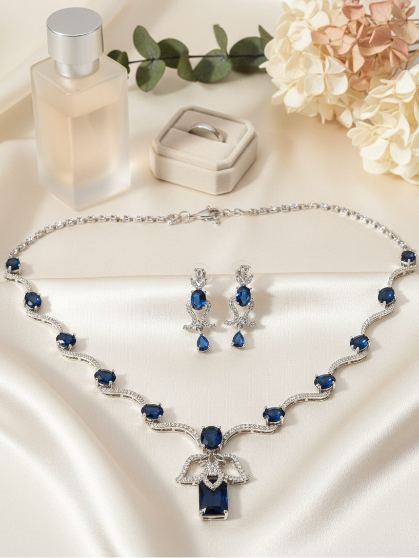 Sapphire Wave Necklace & Earrings Set