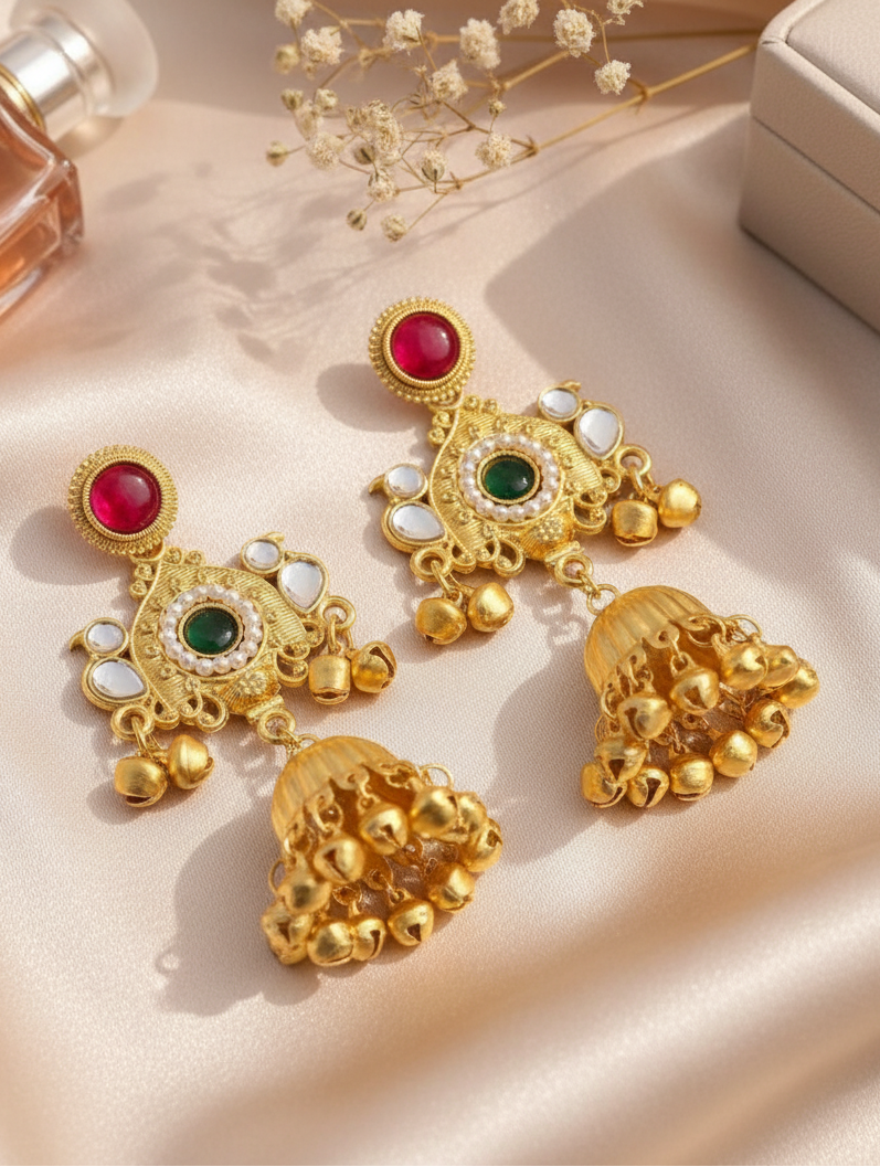 Ruby Kundan Jhumka Ghungroo Earrings