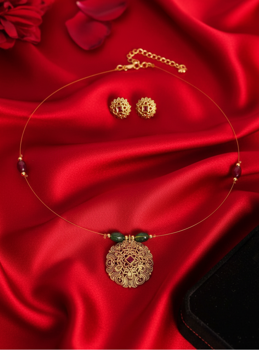 Ratna Medallion Minimalist Necklace & Earrings Set