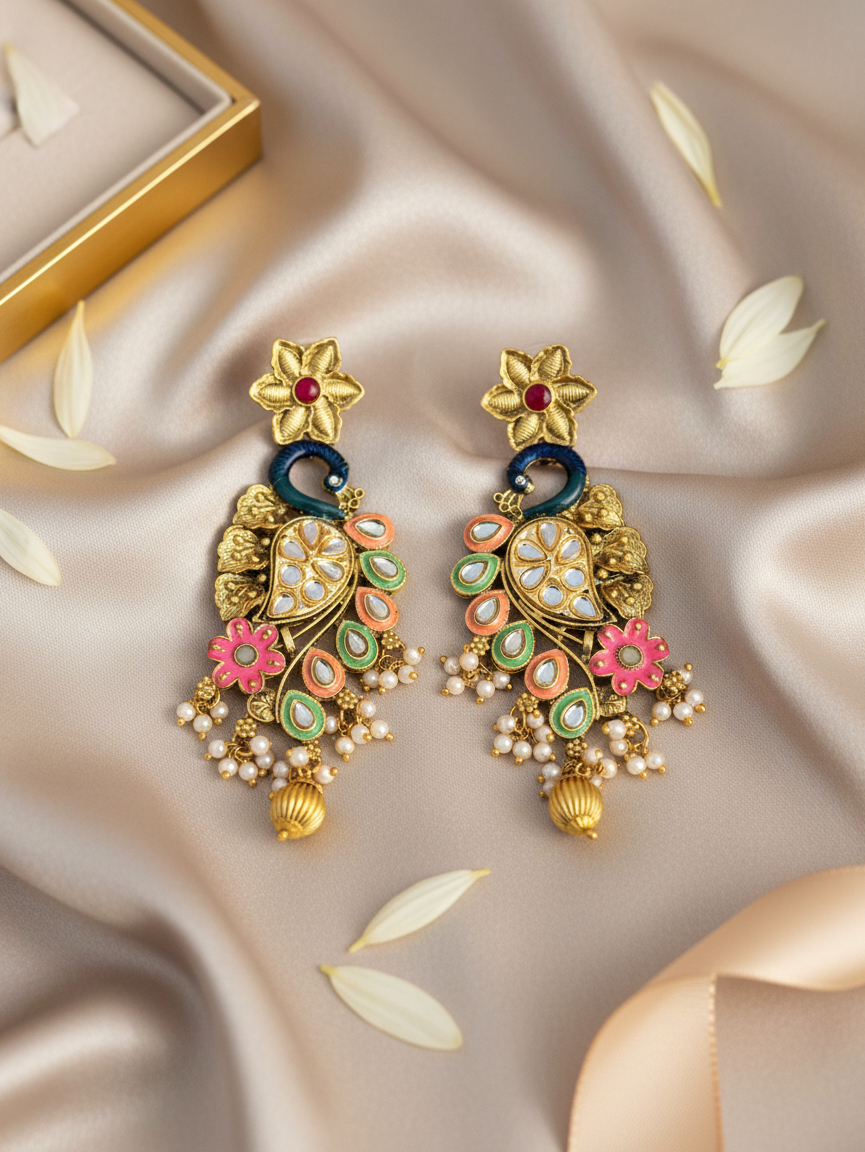 Festive Peacock Cascade Earrings with Pearl Clusters