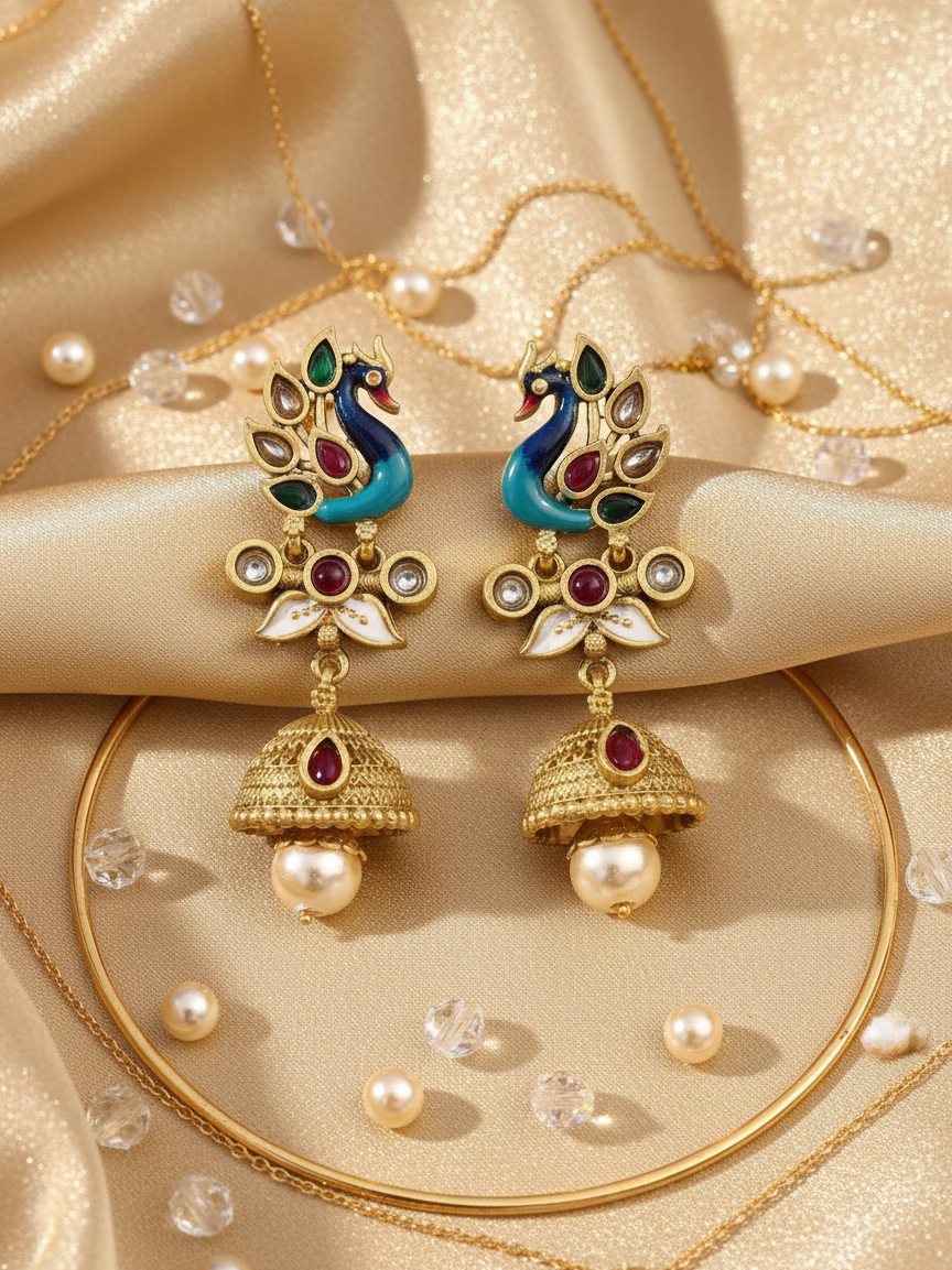 Royal Peacock Jhumka Earrings with Pearl Drops