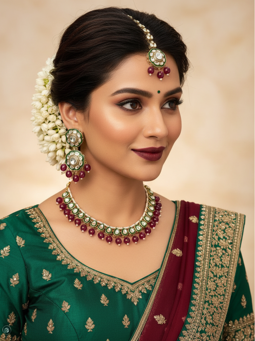 Emerald Kundan Choker, Earrings & Maang Tikka Set with Garnet Cascade