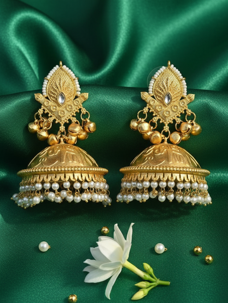 Golden Temple Jhumka Earrings with Pearl Fringe