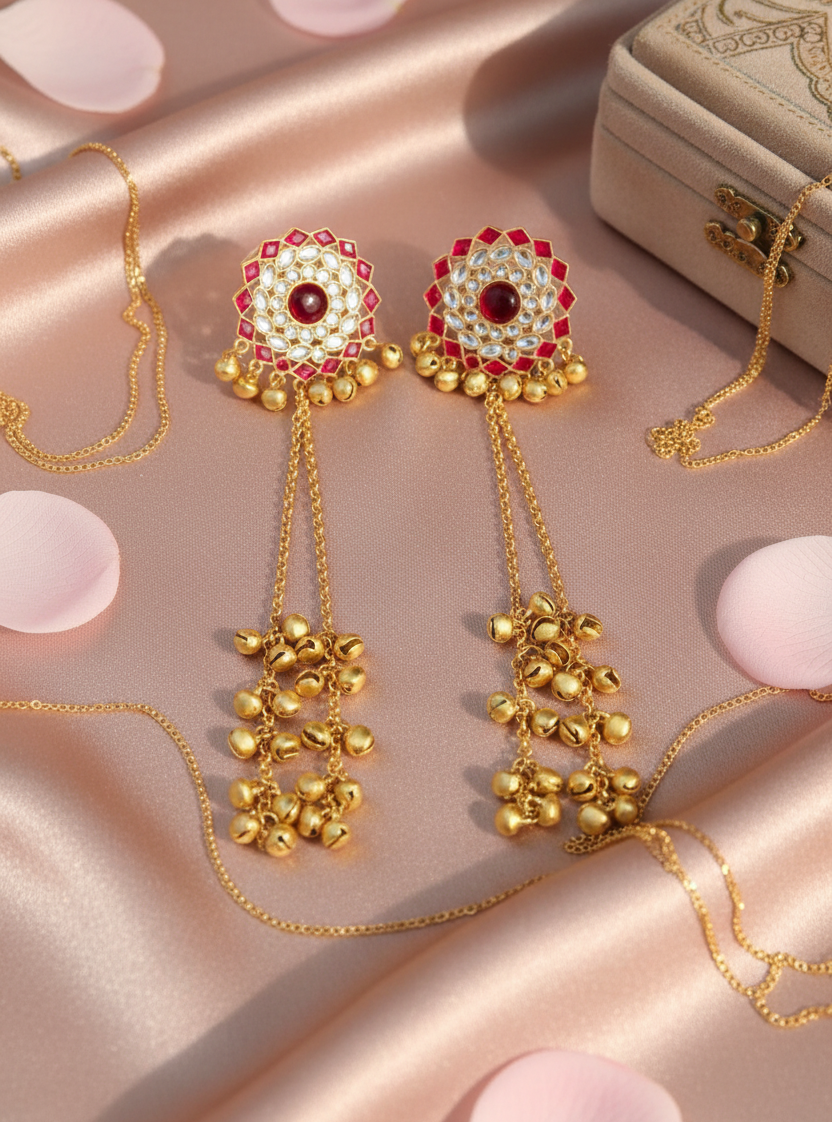 Rose Gold Meenakari Lotus Earrings with Graduated Ghungroo Cascade