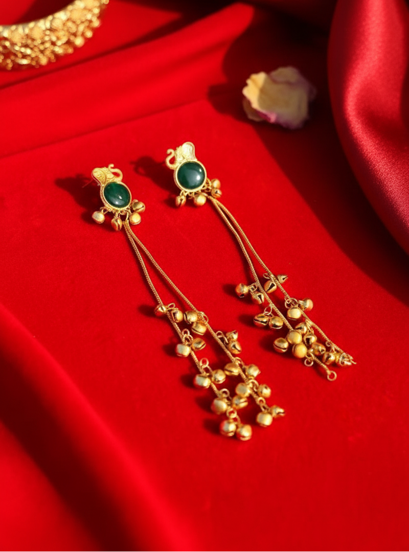 Emerald Elephant Earrings with Golden Ghungroo Cascade