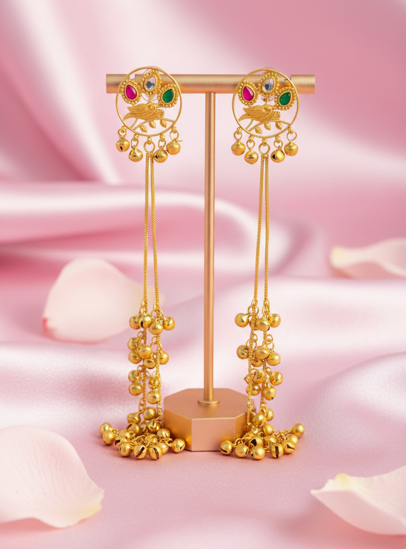 Enchanted Peacock Paradise Earrings with Golden Ghungroo Waterfall