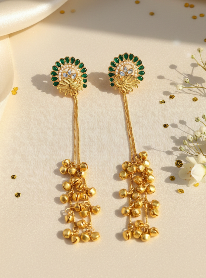 Emerald Peacock Halo Earrings with Golden Ghungroo Cascade