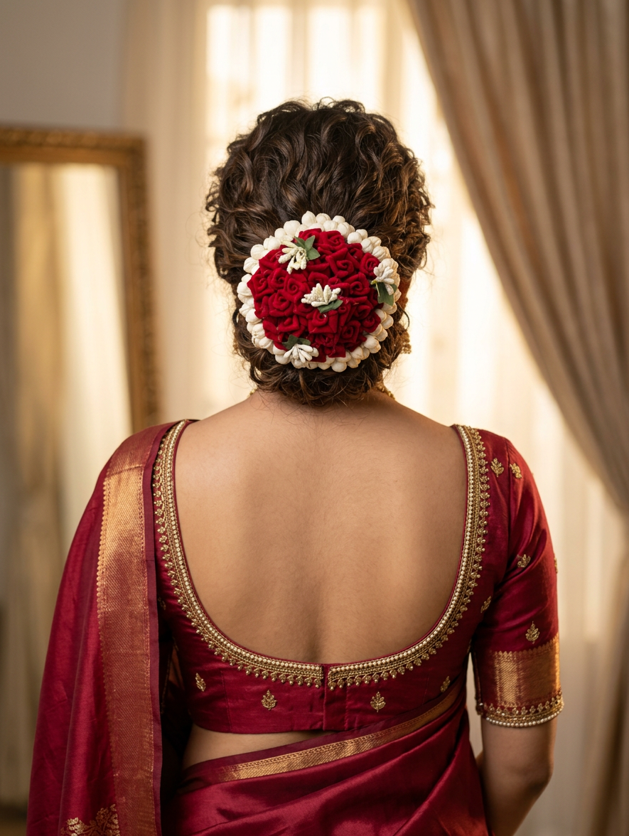 Crimson Rose Garden Hair Bun with Pearl Halo