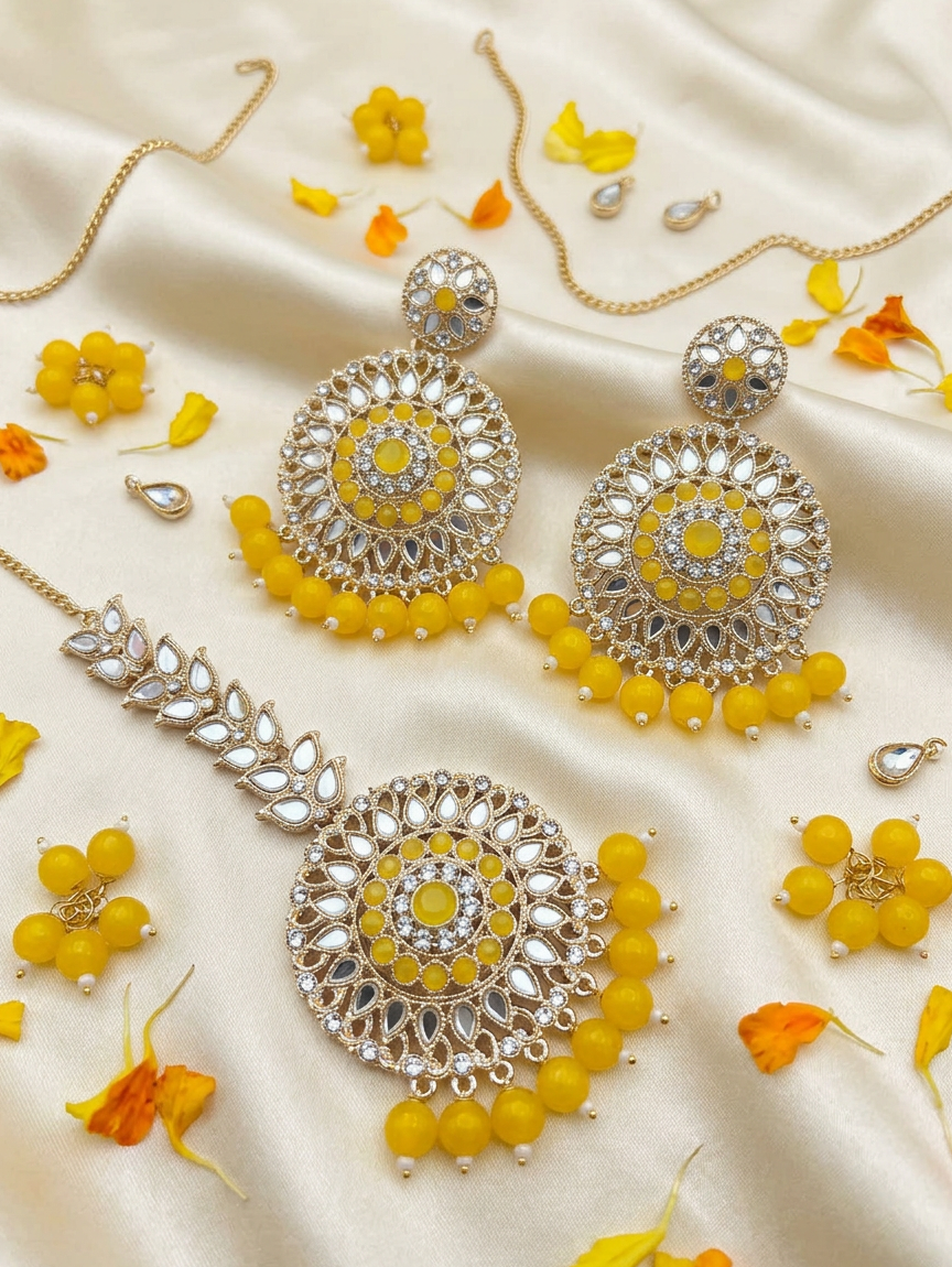 Sunshine Kundan Earrings & Maang Tikka Set with Yellow Bead Fringe
