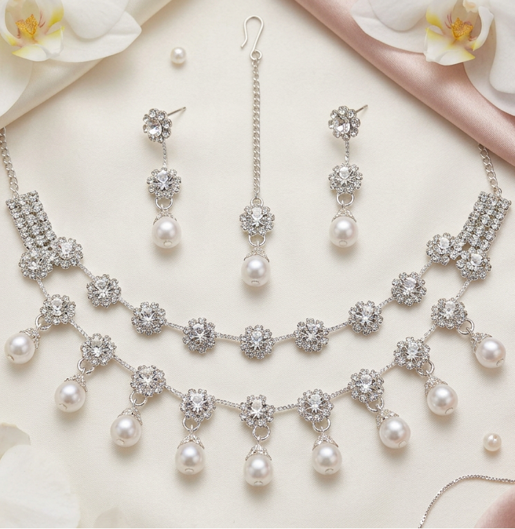 Crystal Flower Garland Necklace & Earrings Set with Pearl Drops