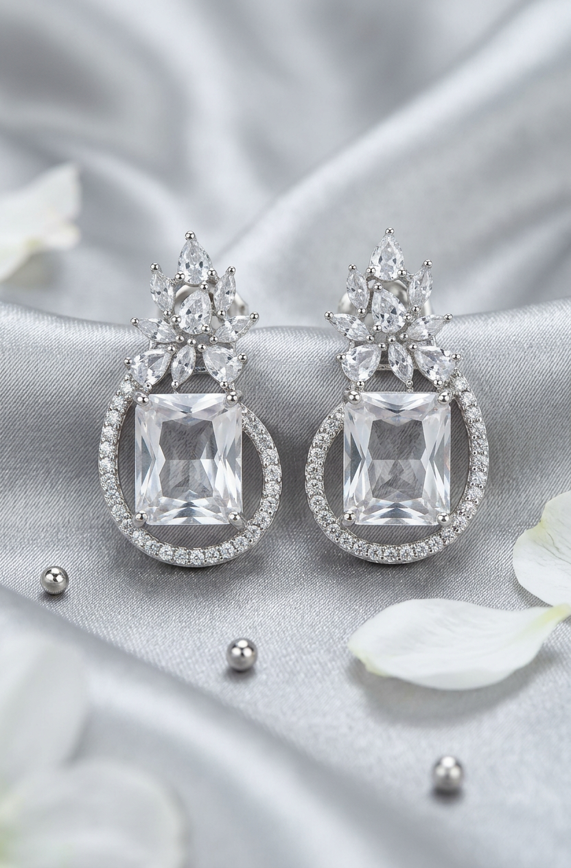 Crystal Crown Princess Earrings with Cushion Halo Drops