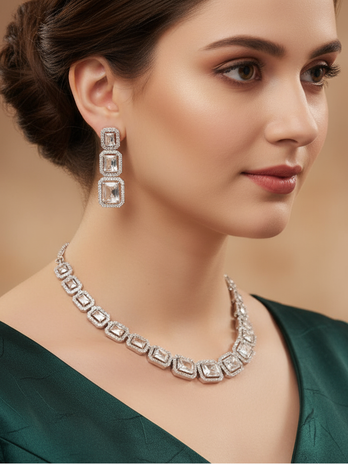 White Emerald-Cut Cubic Zirconia Rhodium Jewellery Set