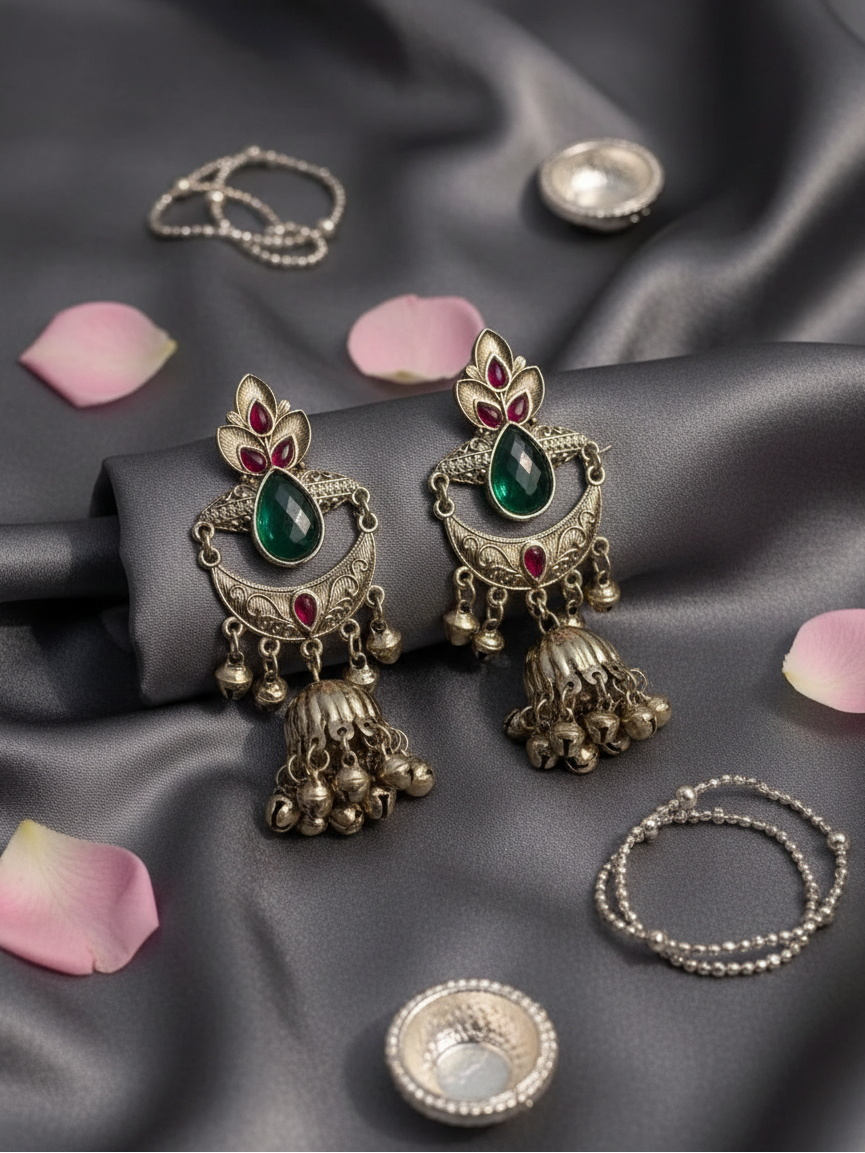 Emerald Lotus Chandbali Jhumka Earrings