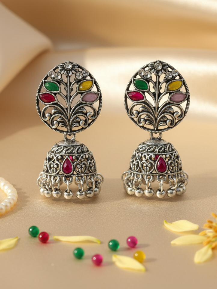 Navratan Peacock Jhumka Earrings with Silver Filigree Chains