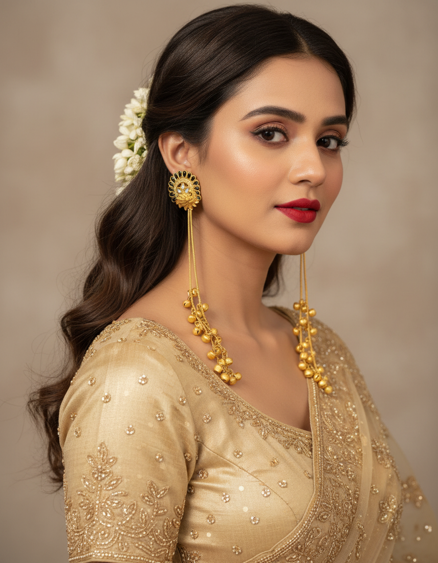 Sapphire Peacock Plume Earrings with Golden Ghungroo Cascade