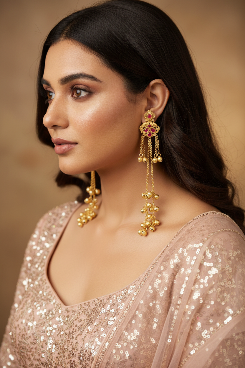 Citrine Crown Chandelier Earrings with Golden Ghungroo Cascade