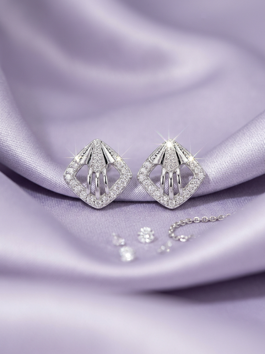 Art Deco Diamond Frame Stud Earrings with Baguette Accents