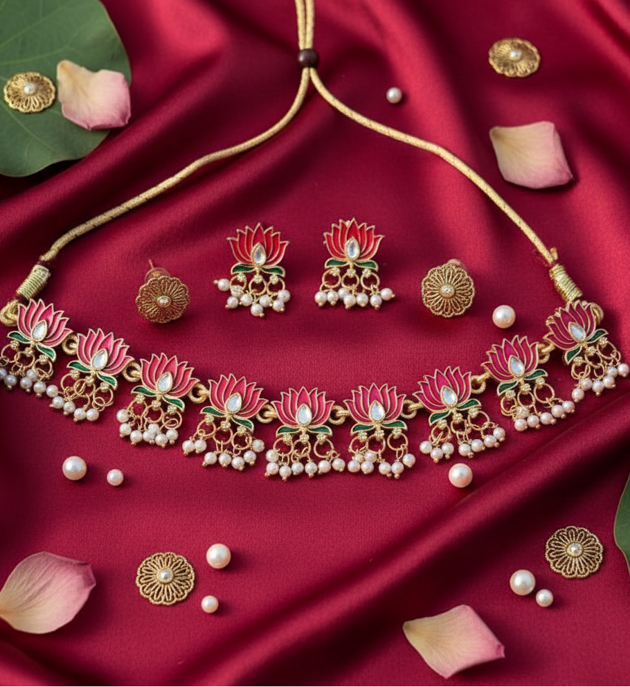 Lotus Pearl Choker Necklace & Earrings Set