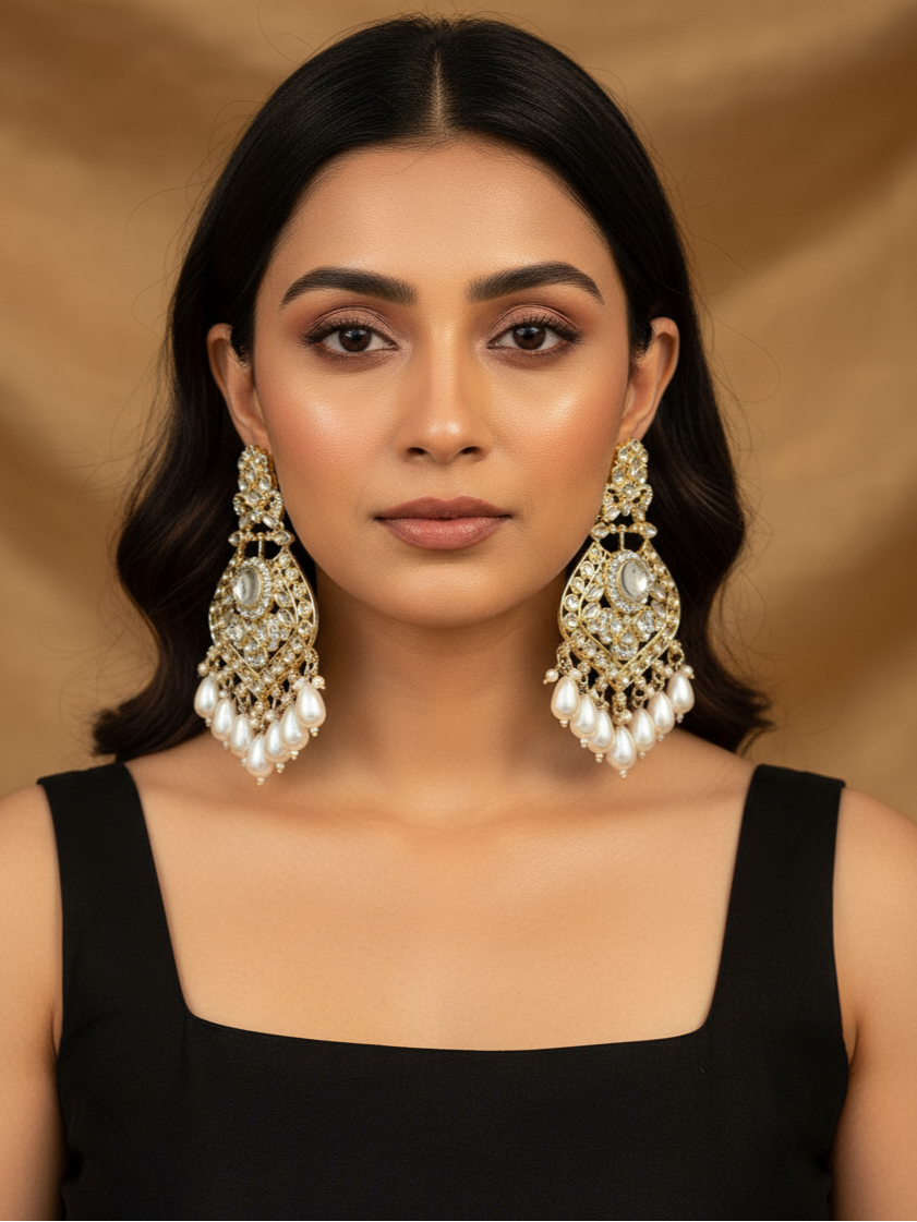 Ira Kundan Pearl Chandbali Earrings
