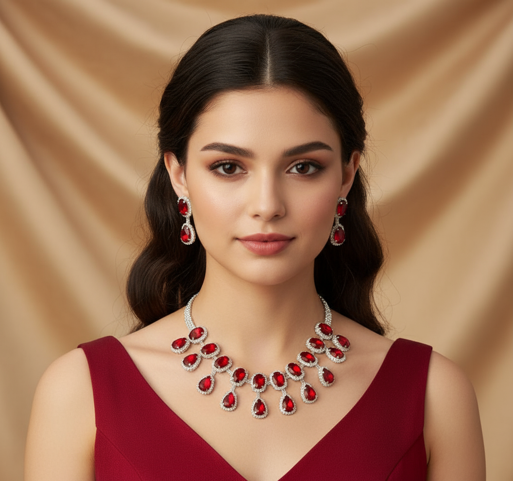 Crimson Elegance American Diamond Necklace Set