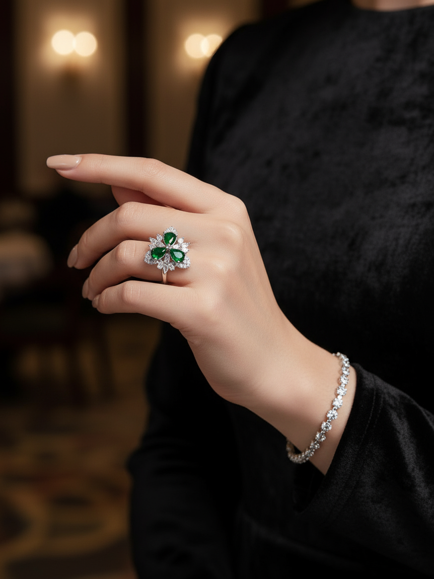 Emerald Clover Cocktail Ring