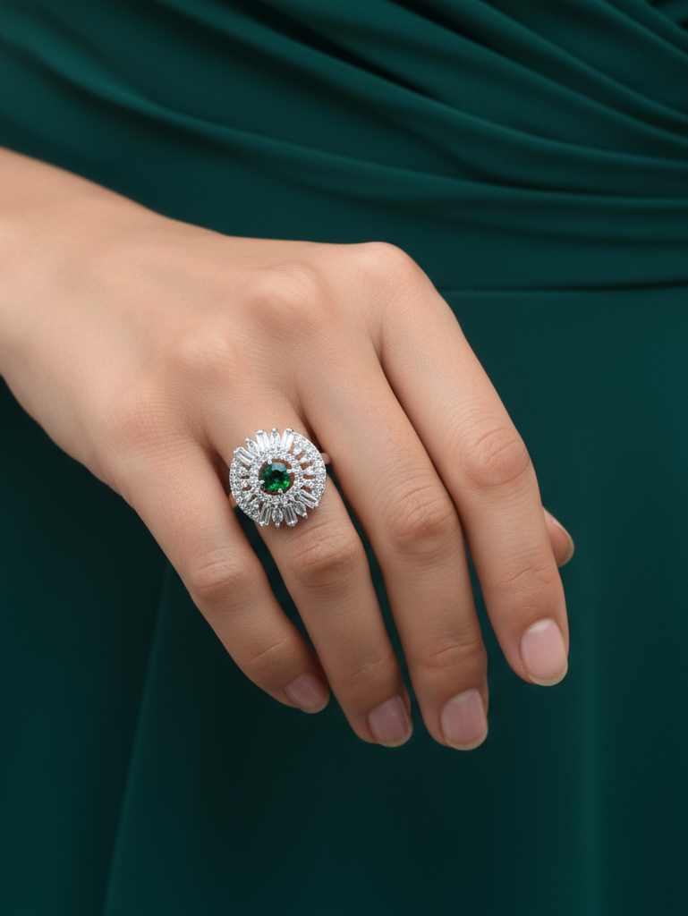 Emerald Starburst Halo Ring