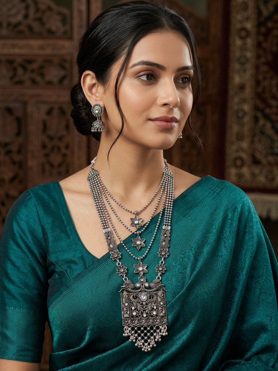 Oxidized Silver Peacock Temple Necklace & Jhumka Set with Pearl Multi-Strand