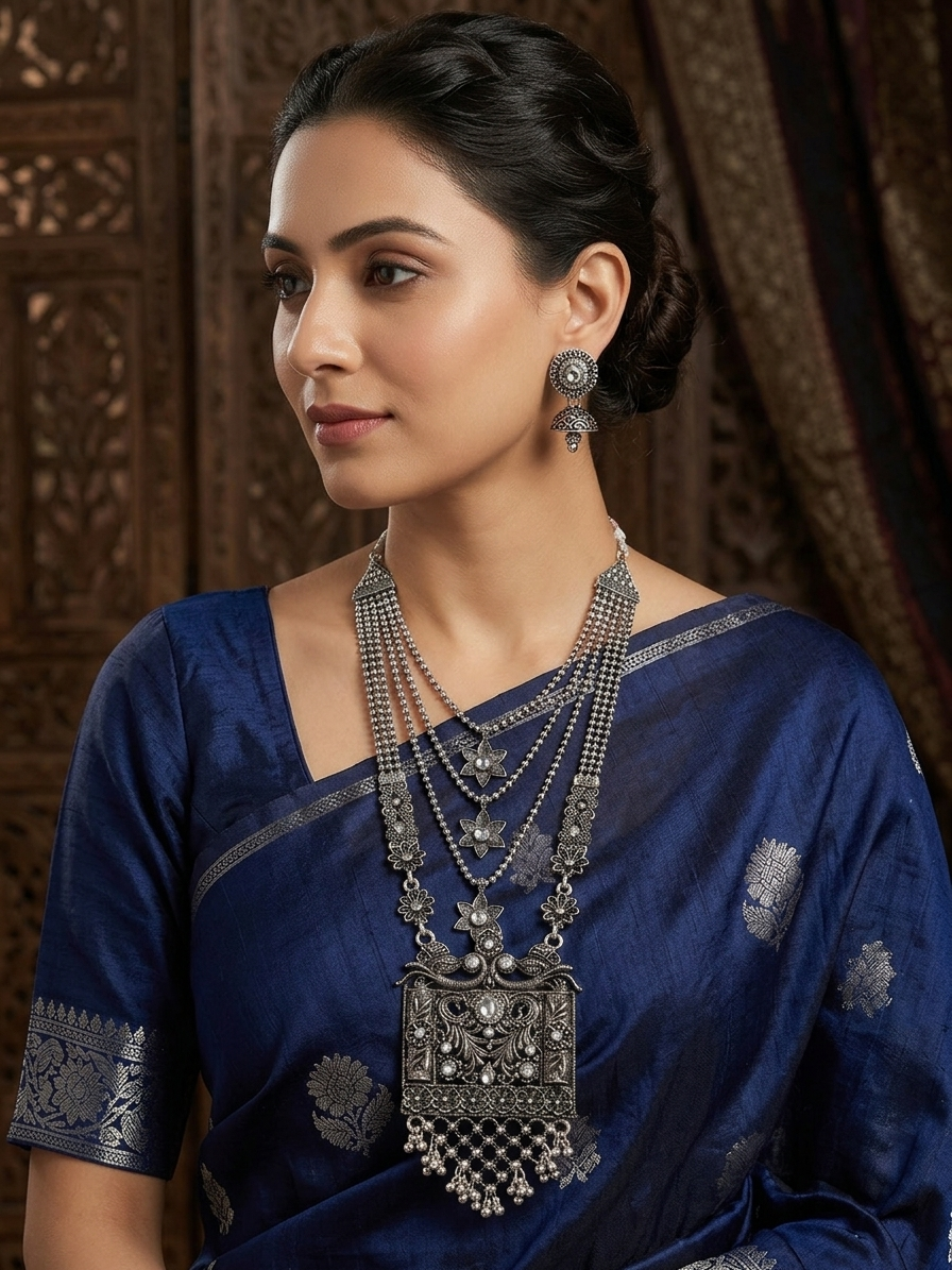 Oxidized Silver Peacock Temple Necklace & Jhumka Set with Pearl Multi-Strand