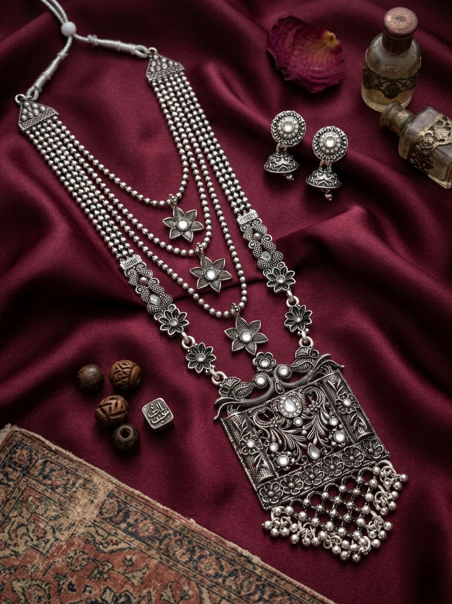 Oxidized Silver Peacock Temple Necklace & Jhumka Set with Pearl Multi-Strand