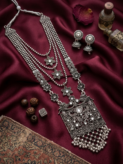 Oxidized Silver Peacock Temple Necklace & Jhumka Set with Pearl Multi-Strand