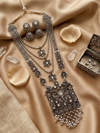 Oxidized Silver Peacock Temple Necklace & Jhumka Set with Pearl Multi-Strand