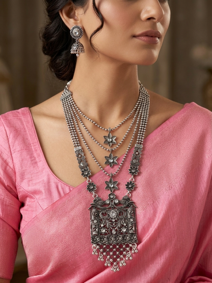 Oxidized Silver Peacock Temple Necklace & Jhumka Set with Pearl Multi-Strand