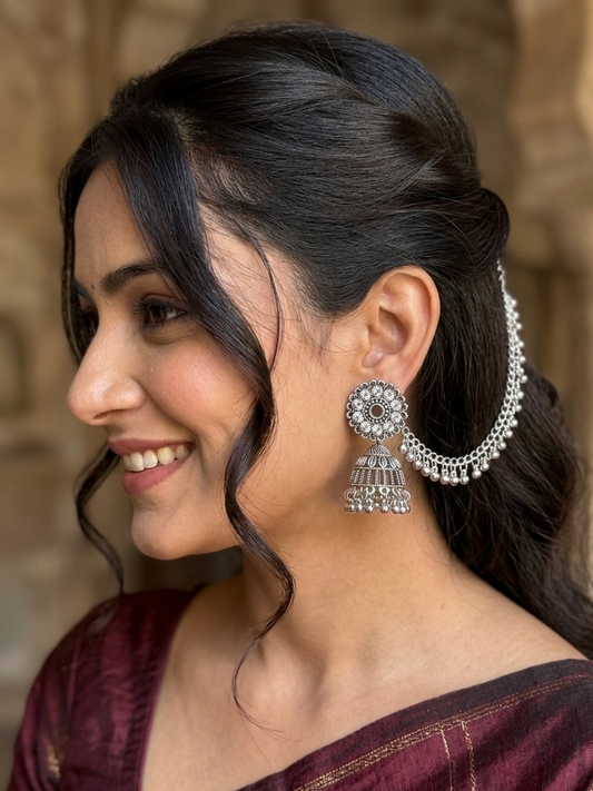 Oxidized Silver Floral Jhumka Earrings with Chain Cascade