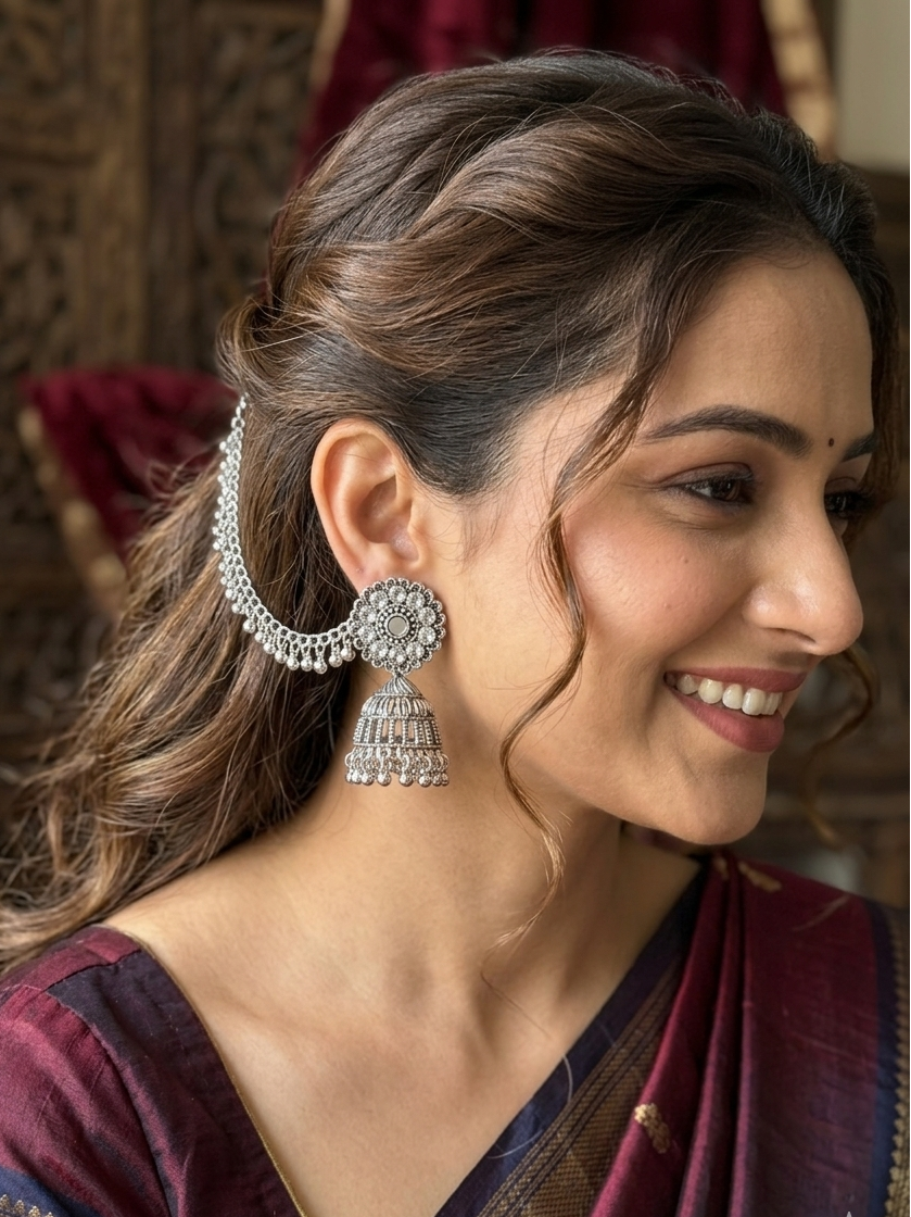 Oxidized Silver Floral Jhumka Earrings with Chain Cascade