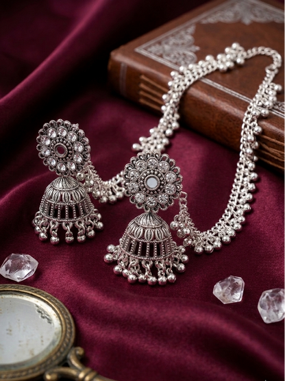 Oxidized Silver Floral Jhumka Earrings with Chain Cascade