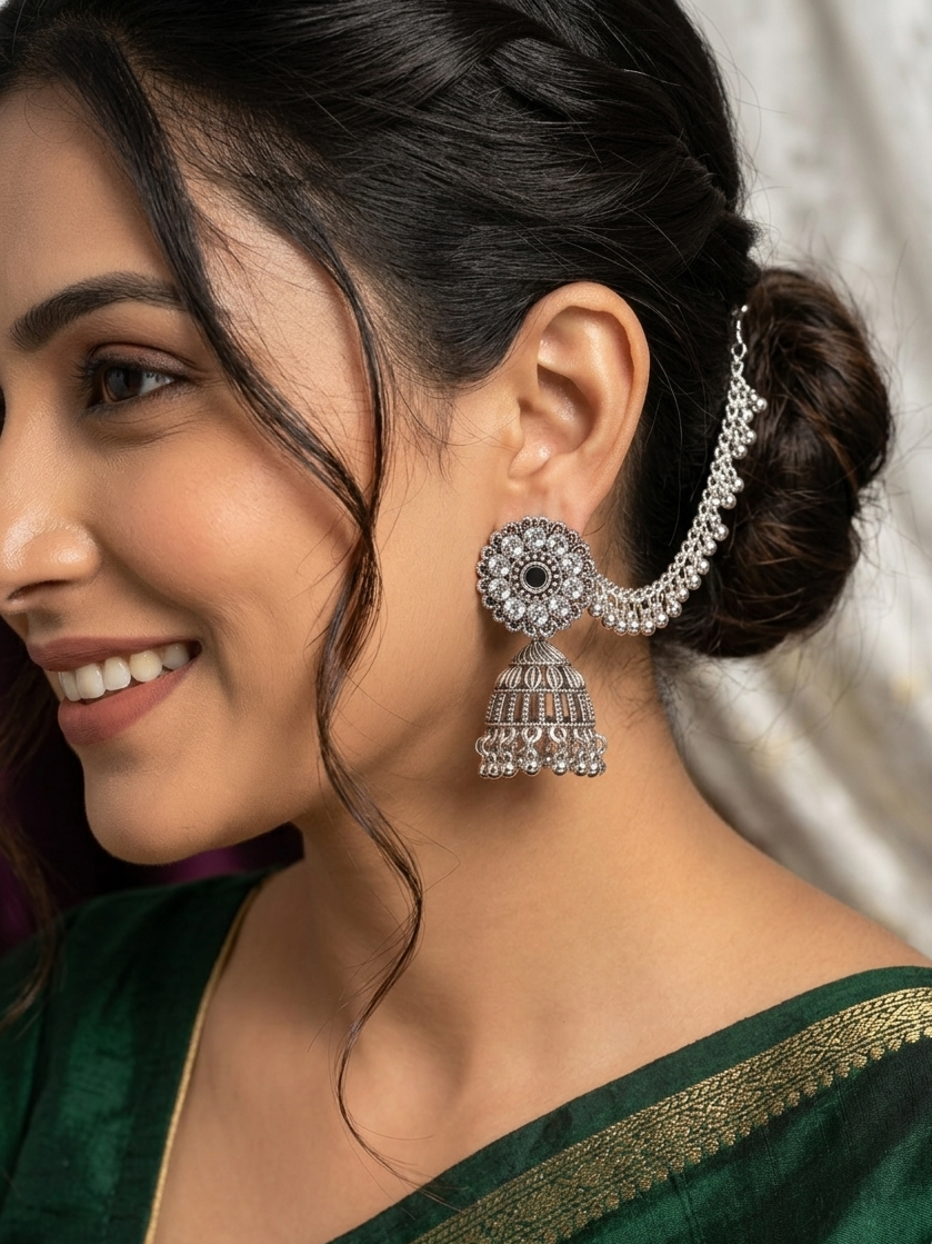 Oxidized Silver Floral Jhumka Earrings with Chain Cascade