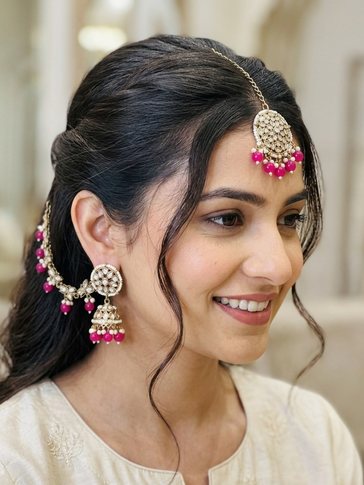 Fuchsia Bloom Kundan Jhumka & Maang Tikka Set