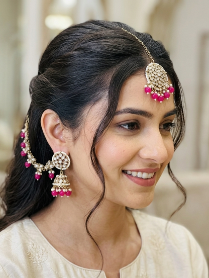 Fuchsia Bloom Kundan Jhumka & Maang Tikka Set