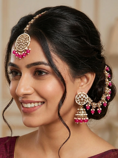 Fuchsia Bloom Kundan Jhumka & Maang Tikka Set