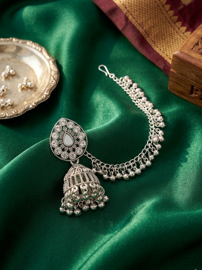 Oxidized Silver Teardrop Jhumka Earrings with Chain Cascade