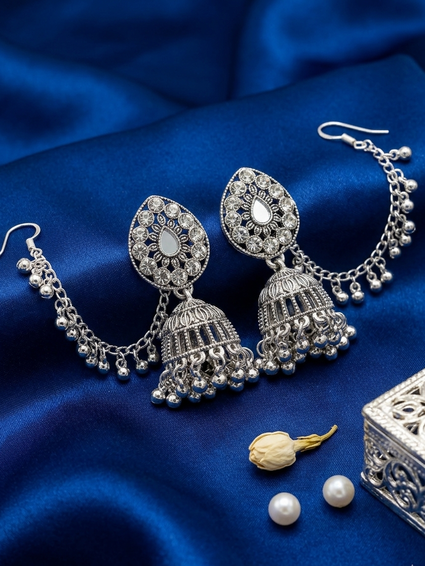 Oxidized Silver Teardrop Jhumka Earrings with Chain Cascade