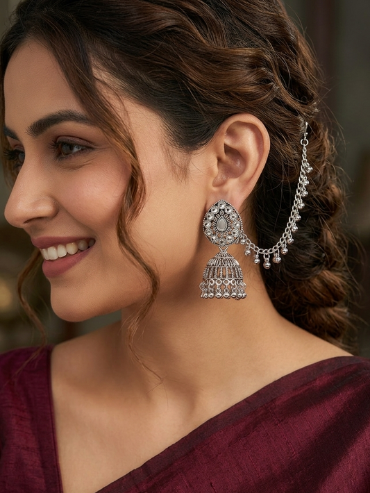 Oxidized Silver Teardrop Jhumka Earrings with Chain Cascade
