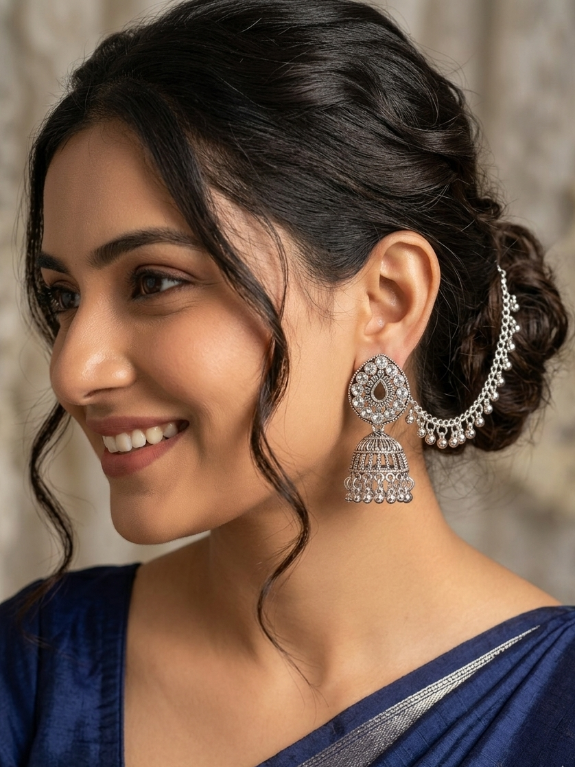 Oxidized Silver Teardrop Jhumka Earrings with Chain Cascade