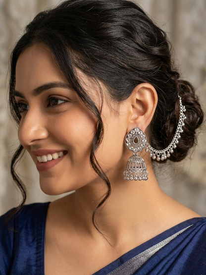 Oxidized Silver Teardrop Jhumka Earrings with Chain Cascade