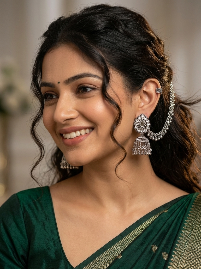 Oxidized Silver Teardrop Jhumka Earrings with Chain Cascade